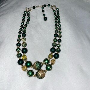 Vintage signed Japan gold green multi strand Necklace hook clasp 1950’s choker